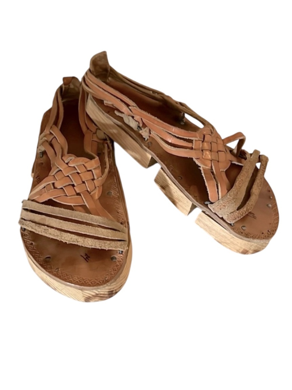 Hand Crafted Wood & Leather Huarache Slip On Sandals Sz 7